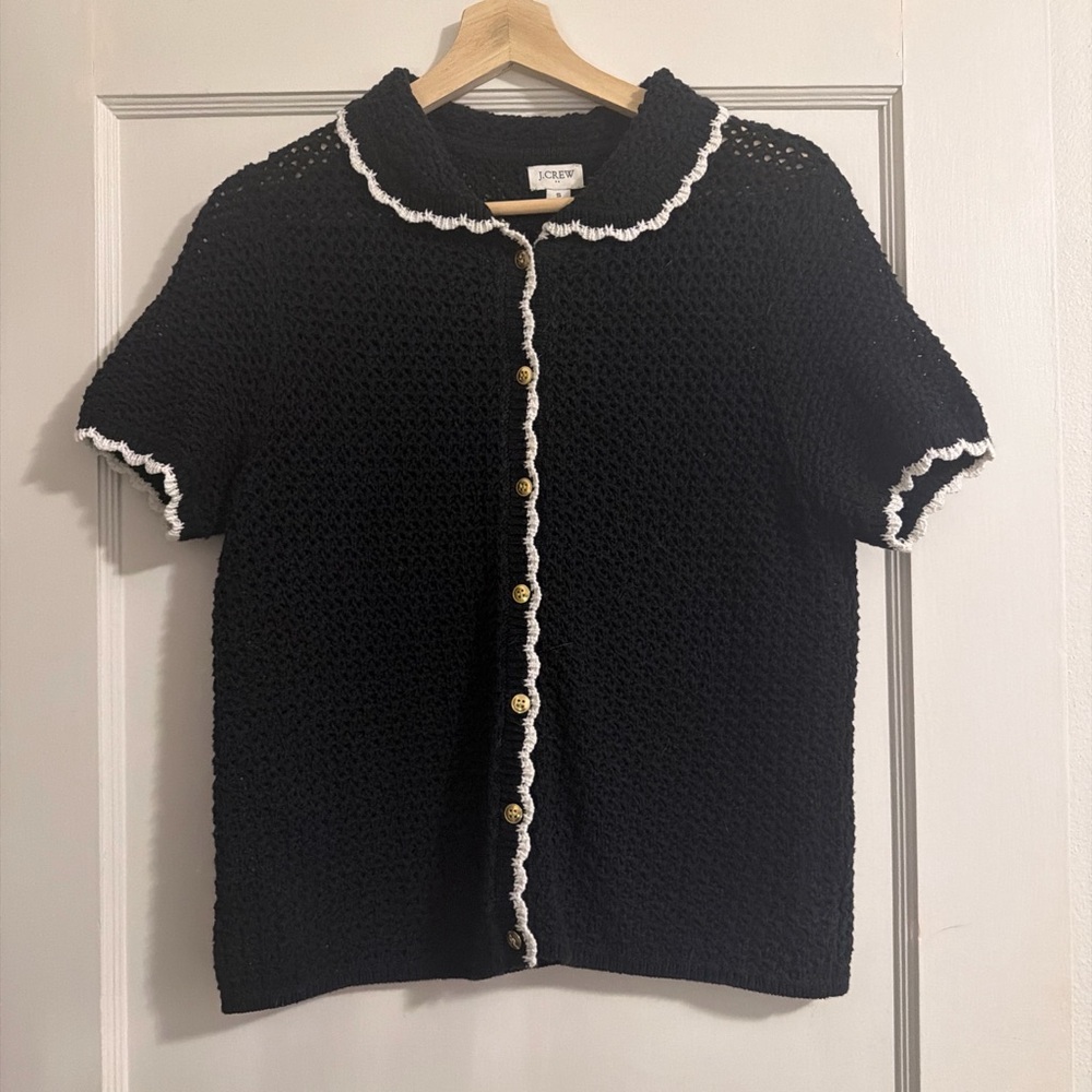 J. Crew Black Short-Sleeve Crocheted Cardigan with White Trim